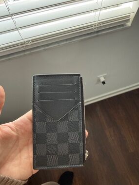 Men's Black Checker Card Holder Wallet with Zipper Pocket